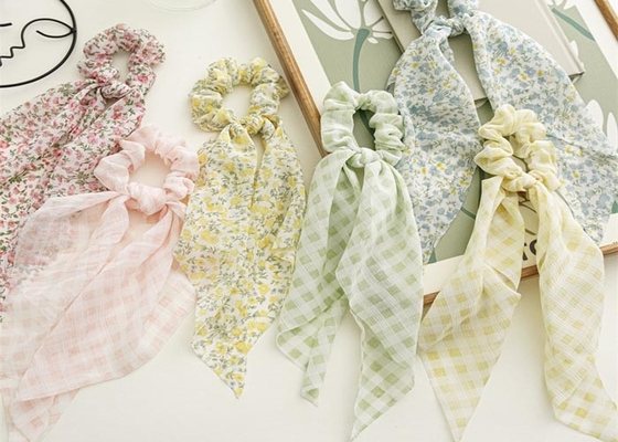 Spring summer fresh floral temperament streamer hairband girl head rope check large hair band leather band headdress
