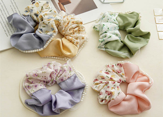 Summer patchwork acrylic beads color floral satin beaded hair scrunchies hair accessories Ins horsetail rubber band