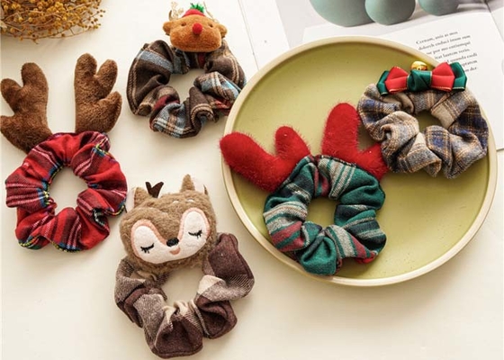 Christmas plaid beaded hair scrunchies women's cartoon lovely animal cloth hoops tied hair rope ornaments