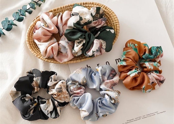 Satin printing flowers large hair extension scrunchie headdress elastic rubber band lady hair rope accessories wholesale