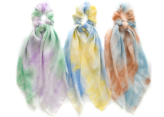 Thin tie dyeing 2 in 1 rainbow bridal hair accessories streamer coil lady updo chiffon scrunchie headpiece wholesale