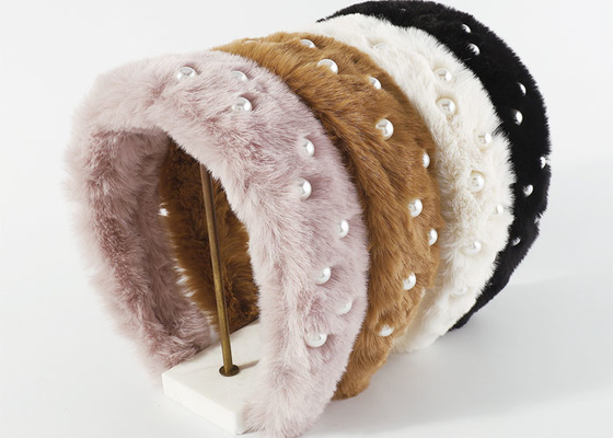 Mink hair fur influencer headbands pearl hair accessories wide fabric headbands luxury accessories
