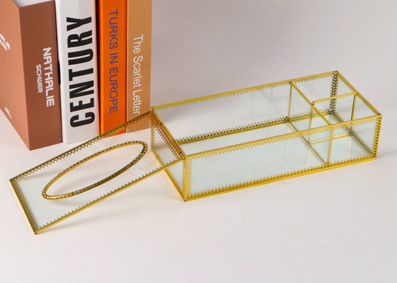 luxury creative three grid brass glass tissue box European home office hotel desktop dust tissue paper box