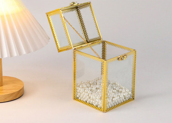 Gold quadrilateral dust proof Makeup Brush organizer box lid glass eyebrow pencil eyeliner Pearl storage canister