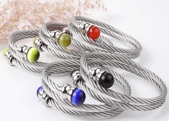 Powder crystal stone bracelet stainless steel wire elastic twisted wire fine steel rope three-ring bracelet
