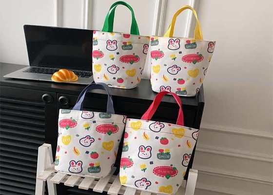 Bucket type kids girls portable canvas bag literary travel phone capacity bento box bag DIY pins logo picture bag