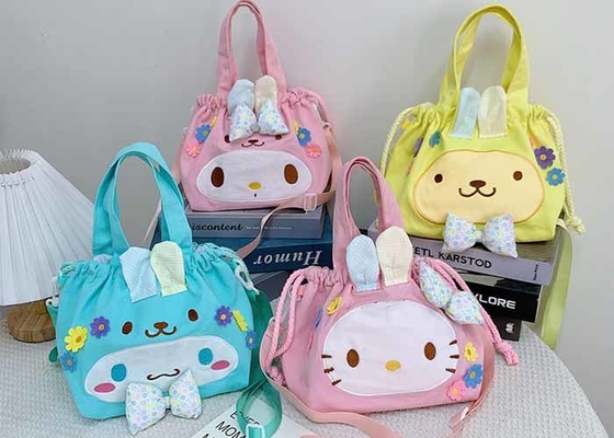 Cartoon cute cat animal canvas bag draw belt bucket bag girls ins one shoulder crossbody customs logo DIY pins bag